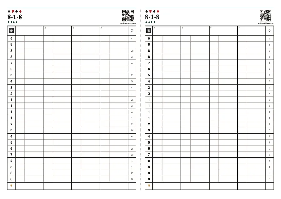 Whist score sheet: 4 players · 8-1-8