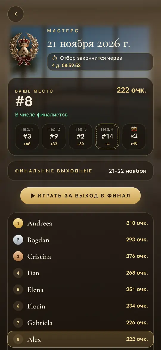 Отбор: ваше место, каждая неделя и дни Испытания