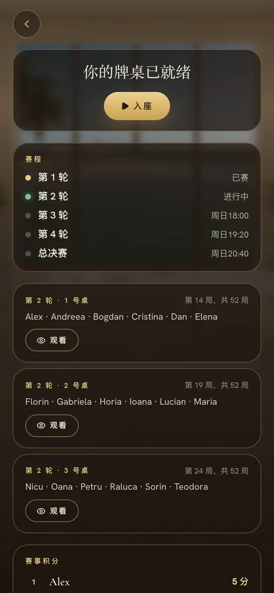 周六:你的牌桌已就绪,每张牌桌都可观战